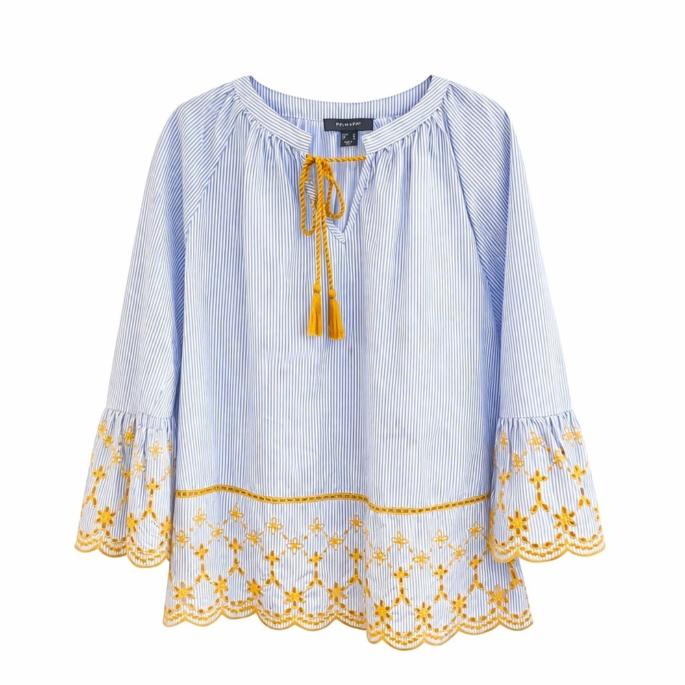 Primark Blue White Stripe Embroidered‎ Tassel Tie Neck Tunic Top Women Size 8